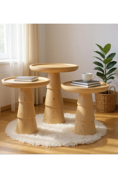 ASELYA HOME Doğal Ahşap 3’lü Set Mantar Yan Sehpa Modern Vernikli Fiskos Zigo...