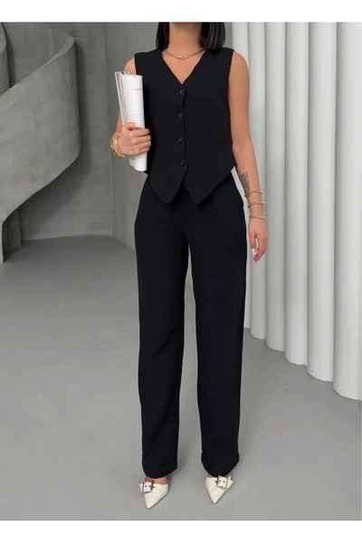 bysoca سترة نسائية سوداء بأزرار على شكل حرف V وسروال بالازو عالي الخصر من مجم...