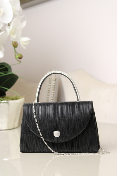 mossi Women's Black Evening Dress Bag – Chain Evening Dress Bag with Stone Detail on the Handle Wedding Bundle Bag