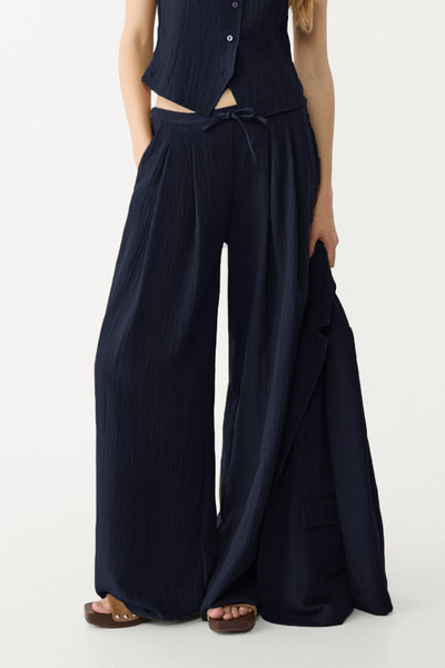 VODENS Linen Modal Blend Loose Cut Navy Blue Trousers with Elastic Waist
