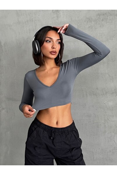 The Base Kadın Füme Scuba V Yaka Spor Crop Top