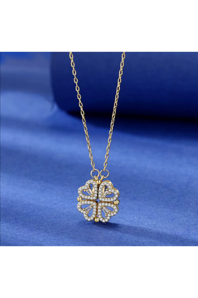 Dia store Çelik Zirkon Taşlı Çoklu Kalpli Mıknatıslı Açılır Kapanır Yonca Kadın Kolye Sevgili Kolye