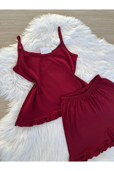 Pijamacs Burgundy Cotton Rope Strap Ruffle Detailed Shorts Pajama Set