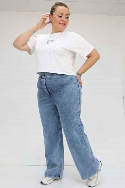 Eslina 9182-7 Large Size Elastic Waist Wide Leg Jeans - Snow Wash Blue
