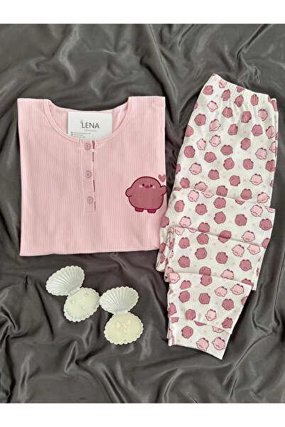 Lena Homewears طقم بيجامة بأكمام طويلة وطبعة ريشة وردية