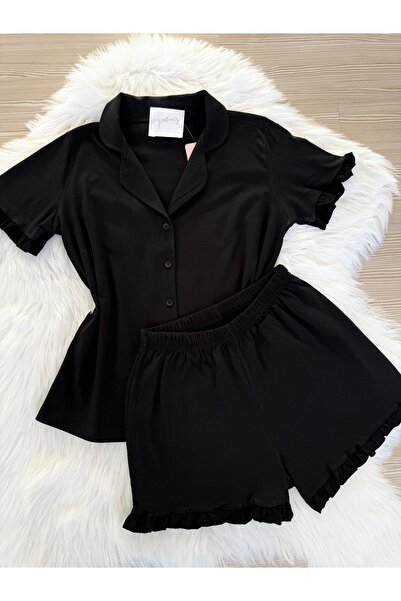 Pijamacs Σετ πιτζάμες με μαύρο βαμβακερό μανίκι και βολάν με λεπτομέρεια κοντ...