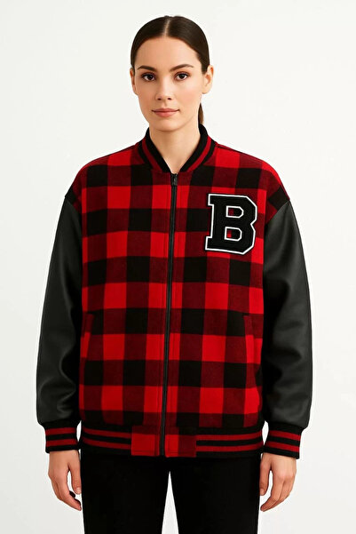 BLACK MODBLACK Women's College Jacket Checkered Lumberjack Sleeves Faux Leath...