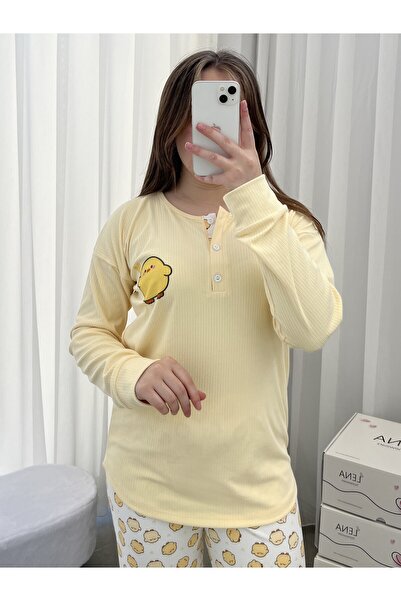Lena Homewears Sarı Civciv Desenli Patlı Uzun Kollu Pijama Takımı