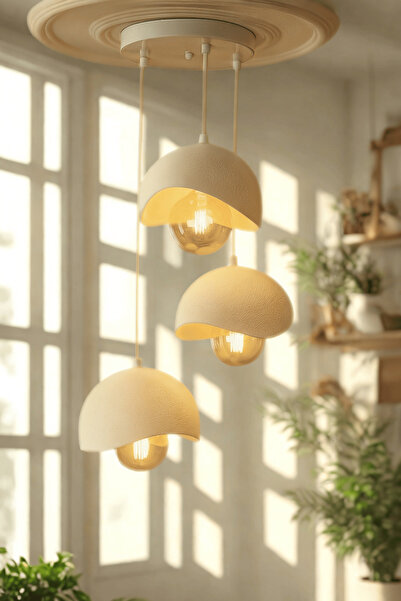 Anılfashion Minimalist Bohem Tarz Özel Tasarım Beton Görünümlü 3 lü Sarkıt Avize Rustik Ampul Hediyeli