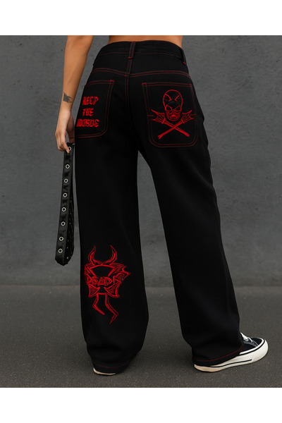 Touz Moda Black Embroidered Retro Gothpunk Rock Wide Leg Pants