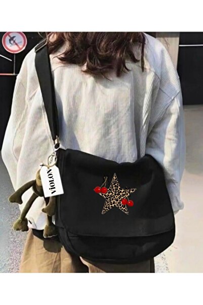 Violon Leopar Yıldız Cherry Siyah Postacı Çantası