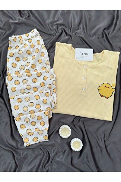 Lena Homewears Sarı Civciv Desenli Patlı Uzun Kollu Pijama Takımı