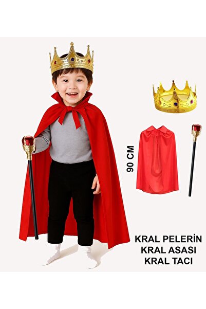 Go İthalat Çocuk Kral Kostüm Seti – Kırmızı Pelerin, Taç ve Asa (90 cm) (4457)