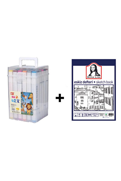 Minopi 36'lı Çift Taraflı Art Marker Keçeli Kalem Seti Kutulu + Mona Lisa Eskiz Defteri A4 50 Yaprak 120GR.