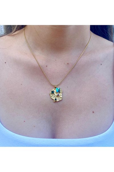 milayk Gold Steel Necklace with Geometric Colored Stone Figure