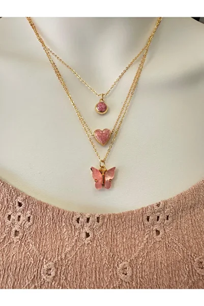 Uno Di Famiglia Set of 3 Pink Necklaces, Heart Necklace, Butterfly Necklace