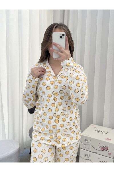 Lena Homewears Ekru Sarı Civciv Desenli Uzun Kollu Pijama Takımı