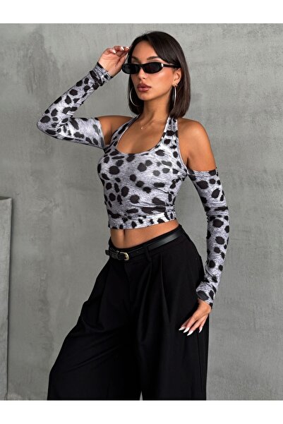 The Base Women's Smoked Serval Pattern Feather Effect Halter Top