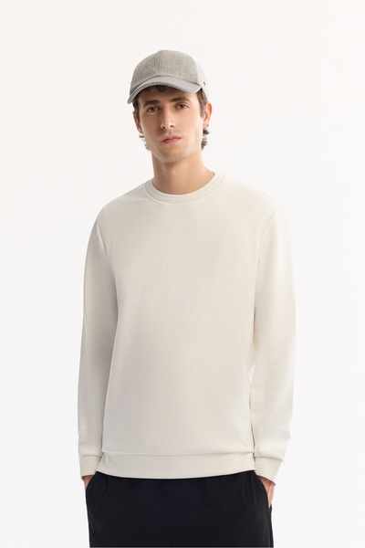 Avva Men's Ecru Crew Neck Twill Rib Interlock Sweatshirt A52Y1271