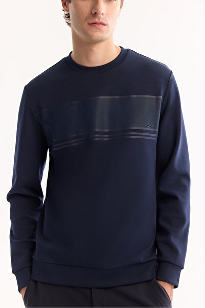 Avva Erkek Lacivert Bisiklet Yaka Silikon Baskılı İnterlok Sweatshirt A52Y1215