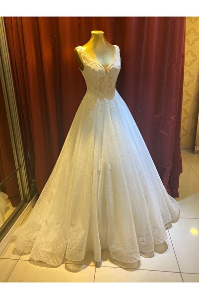 GÜLESE COŞKUN TASARIM A Kesim V Yaka Kalın Askılı İnci İşlemeli Gelinlik,Abra...