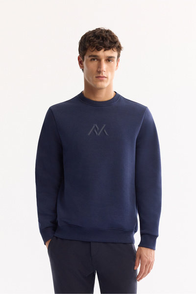 Avva Men's Navy Blue Crew Neck Cotton Embossed Printed Regular Fit Sweatshirt A52Y1327