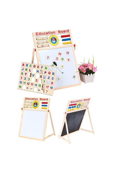 LUDIRO Tabla Educativa cu 2 Fete din Lemn, Cu Abac, Ceas, Alfabet si Cifre, Marker si Creta, 43.6x32 Cm