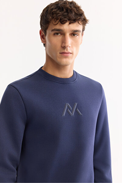 Avva Men's Navy Blue Crew Neck Cotton Embossed Printed Regular Fit Sweatshirt A52Y1327