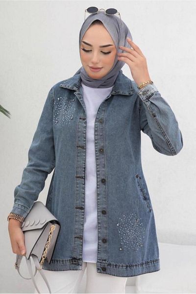 TRENDTESETTÜR Women's Blue Stone Denim Jacket t 3077