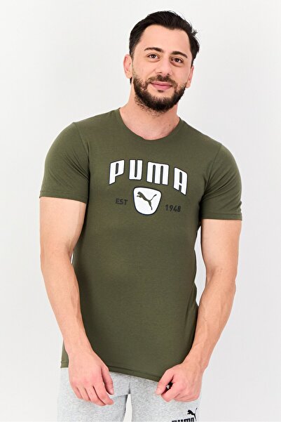 Puma تي شيرت رياضي رجالي بأكمام قصيرة وشعار العلامة التجارية، زيتوني