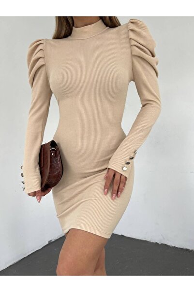 ALPACO Φόρεμα Princess με κουμπιά στο τελείωμα του μανίκι - Μπεζ