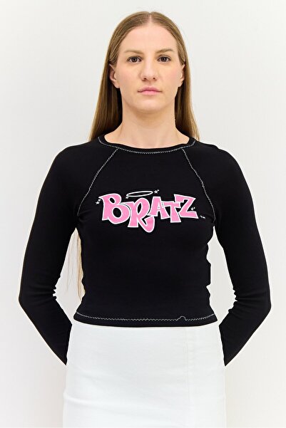 Don't Call Me Jennyfer تي شيرت براتز نسائي مطبوع بأكمام طويلة وياقة دائرية، أسود