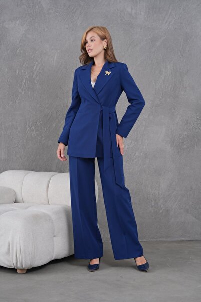 nodilife Kuşaklı Kuşaklı Ceket Bol Paça Pantolonlu Kadın Takım Lacivert