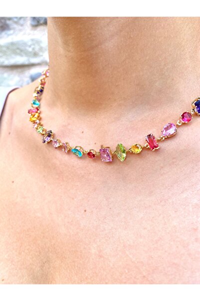 milayk Renkli Kristal Taş Çelik Kolye Gold