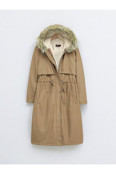 ALPACO Μακρύ παλτό με σταθερή κουκούλα και κορδόνια με επένδυση από βελούδο - Βιζόν