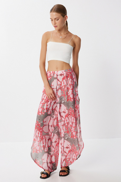 Lovelyİstanbul Patterned Slit Viscose Trousers Lfz0008 Gray Pink