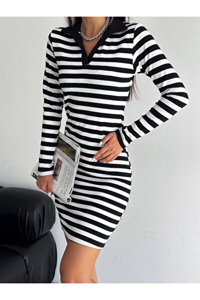trend_ermege Collared Striped Long Sleeve Dress -Black -Collection