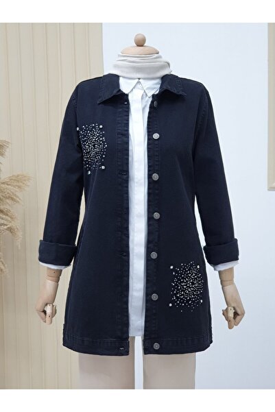 ALPACO جاكيت جينز بجيبين وتفصيل حجري في الأمام - أسود