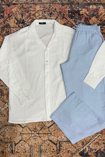 NO 601 Мъжка бяла риза с яка и бебешко синьо панталон от муслин