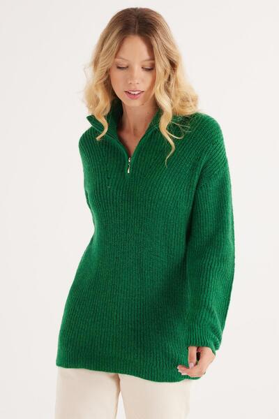 Tudors Women's Oversize Wide Cut Woven Zipper Collar Green Sweater