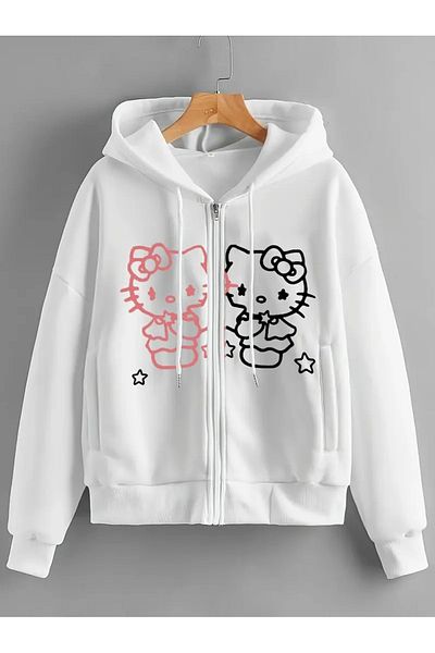 Touz Moda Kitty Printed Oversize Zippered Black Unisex Hooded Cardigan