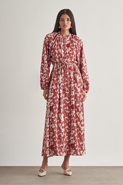 Mizalle Keten Dokulu Naturel Desenli Uzun Yazlık Elbise