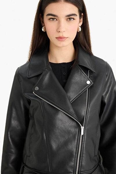 DeFacto Regular Fit Zippered Faux Leather Jacket Coat E8530Ax25Au