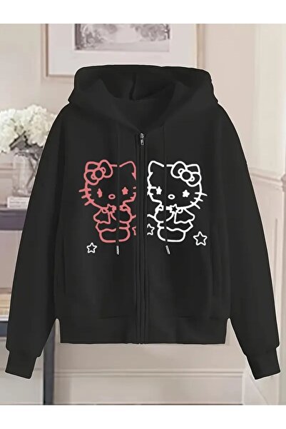 Touz Moda Kitty Printed Oversize Zippered Black Unisex Hooded Cardigan