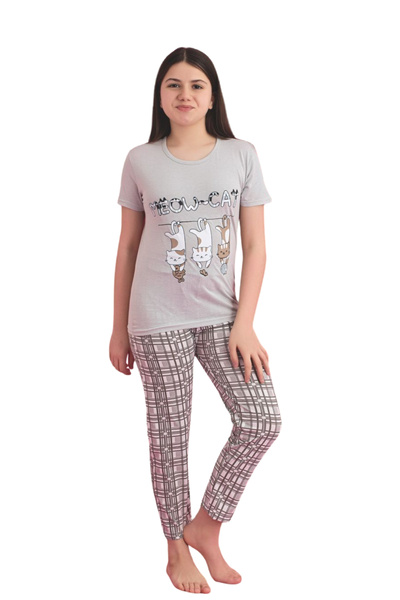 Farya Home Faryakids Cotton Short Sleeve Cat Patterned Girls Pajamas Set