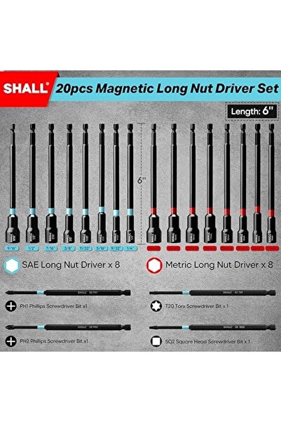 SHALL 20PCS Magnetic Nut Driver Set, 6” Long Nut Drivers for Impact Drill, SAE & Metric 1/4” Hex