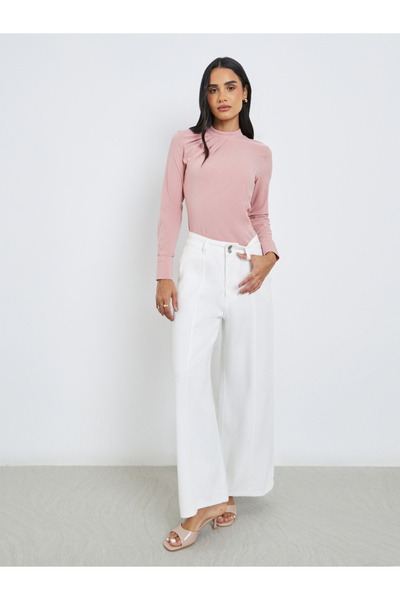 Styli Women Pink Mock Neck Pleat-Front Blouse