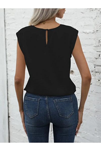 ALPACO Bluză din crep importat pentru femei, cu mâneci zero, cu detaliu de legare la tivul fustei -COLECȚIE