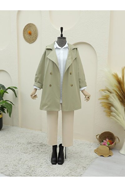 trend_ermege Bolero Detaylı Düğmeli Ara Boy Trençkot -Taş