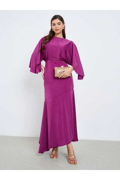 Styli Women Magenta Satin Maxi Dress with Draped Sleeves